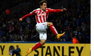 Bojan Krkic celebrates putting Stoke 1-0 up against Leicester in the  Premier League